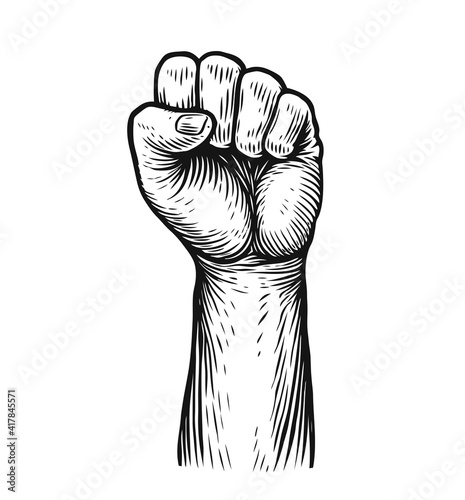 Clenched fist raised up. Strong, strength sketch vector illustration