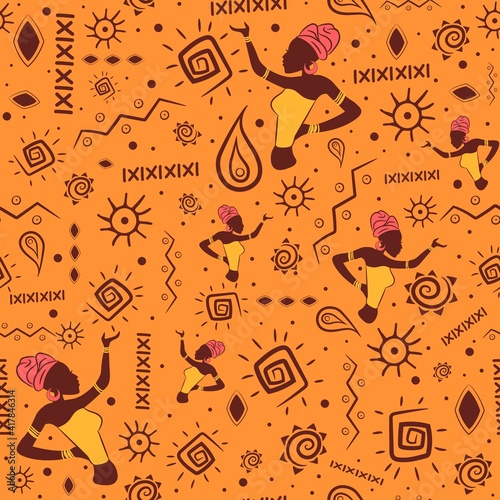 African seamless pattern with aztec and mayan traditional motifs. Repetitive indian and bohemian background for summer with spirals, national ethnic objects and a black woman wearing a turban.