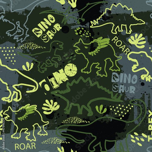 Seamless  silhouette  Dino pattern, print for T-shirts, textiles, wrapping paper, web. Original design with t-rex, dinosaur.  grunge design for boys and girls