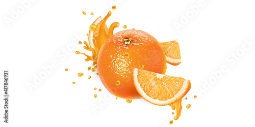 Whole orange and slices in fruit juice splashes.