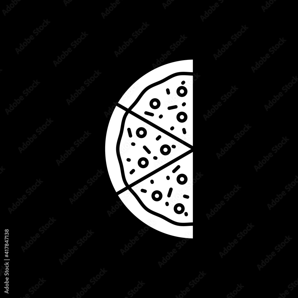 Half of pizza dark mode glyph icon. Slices for eating. Fast food delivery. Eating unhealthy dinner. Meal for dining. White silhouette symbol on black space. Vector isolated illustration
