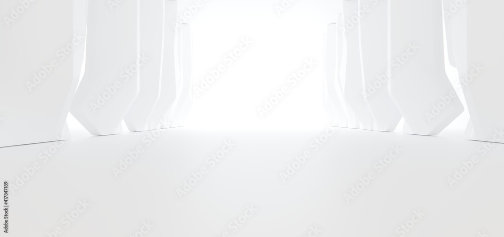 Luxury white abstract architectural minimalistic background. Contemporary showroom. Modern exhibition stand. Empty gallery. Backlight. Polygonal Graphic Design. 3D illustration and rendering.