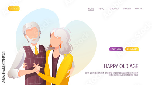 Web page design with elderly couple embracing with love. Old age, Grandparent's Day, Happy family concept. Vector Illustration for poster, banner, website.