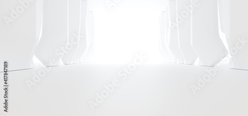 Obraz na płótnie Luxury white abstract architectural minimalistic background. Contemporary showroom. Modern exhibition stand. Empty gallery. Backlight. Polygonal Graphic Design. 3D illustration and rendering. w salonie