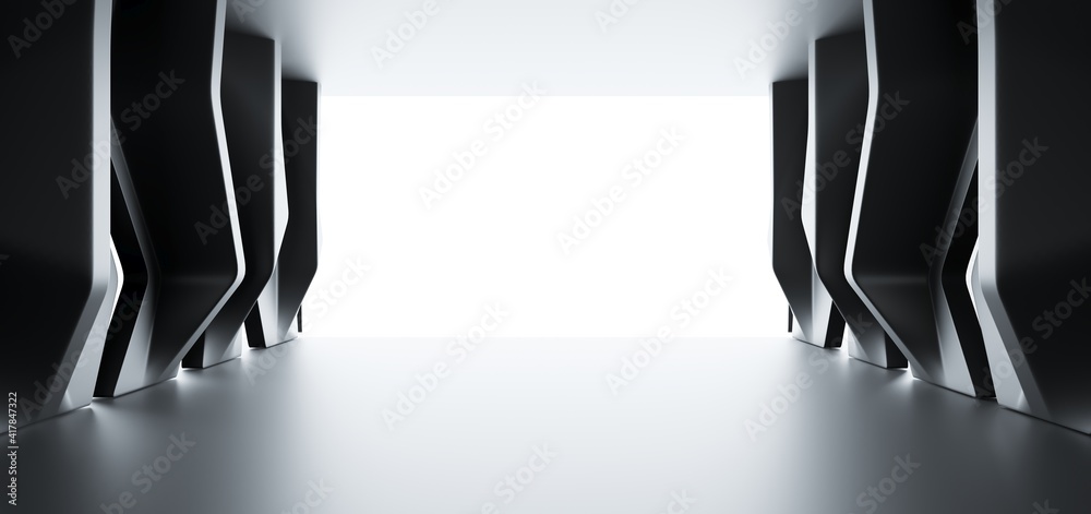 Luxury parametric abstract architectural minimalistic background. Contemporary showroom. Modern black exhibition tunnel. Empty gallery. Stand, table. Interior backlight. 3D illustration and rendering.