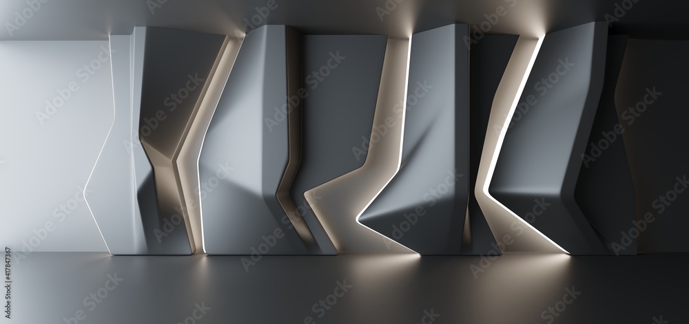 Luxury parametric abstract architectural minimalistic background. Contemporary showroom. Modern black exhibition tunnel. Empty gallery. Stand, table. Interior backlight. 3D illustration and rendering.