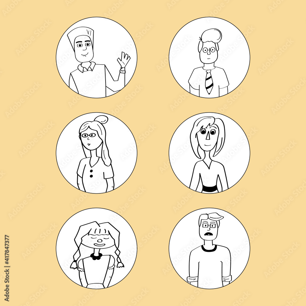 set of business icons. Set different person portrait. Vector hand drawn cartoon female and male characters illustration of facial expression set of business icons. Set different person portrait. Vector hand drawn cartoon female and male characters illustration of facial expression