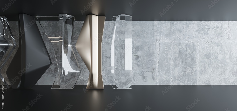 Luxury parametric abstract architectural minimalistic background. Contemporary showroom. Modern black exhibition tunnel. Empty gallery. Stand, table. Interior backlight. 3D illustration and rendering.