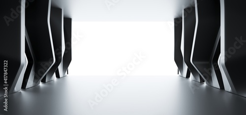Obraz na płótnie Luxury parametric abstract architectural minimalistic background. Contemporary showroom. Modern black exhibition tunnel. Empty gallery. Stand, table. Interior backlight. 3D illustration and rendering. w salonie
