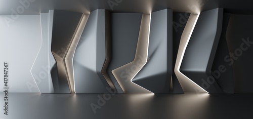 Obraz na płótnie Luxury parametric abstract architectural minimalistic background. Contemporary showroom. Modern black exhibition tunnel. Empty gallery. Stand, table. Interior backlight. 3D illustration and rendering. w salonie