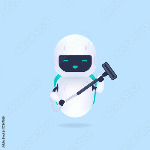 White friendly cleaning robots and vacuum cleaners.