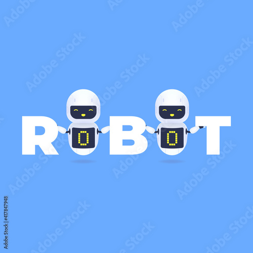 Two white friendly robot characters standing between the ROBOT letters.