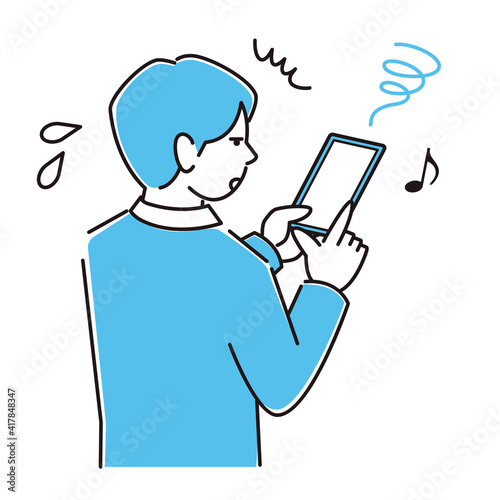 スマートホンを使いすぎてスマホ内斜視になり困っているスーツ姿の男性 程よいシンプルなイラスト ベクター