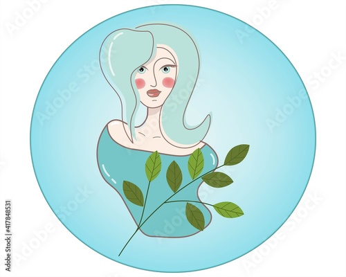 Stylish woman portrait in frame, Icon button with a picture of a girl. Emblem. Vector illustration in blue tones.