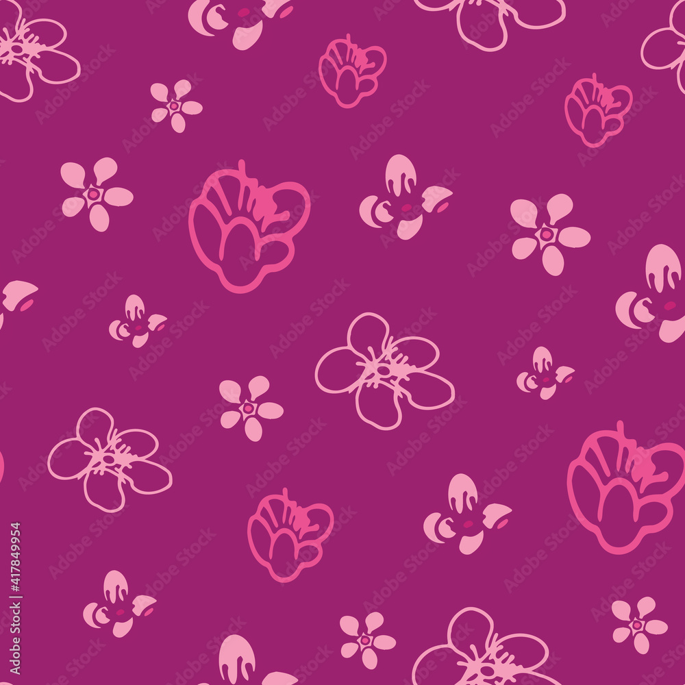 Vector purple background magnolia various spring flowers, seamless pattern background