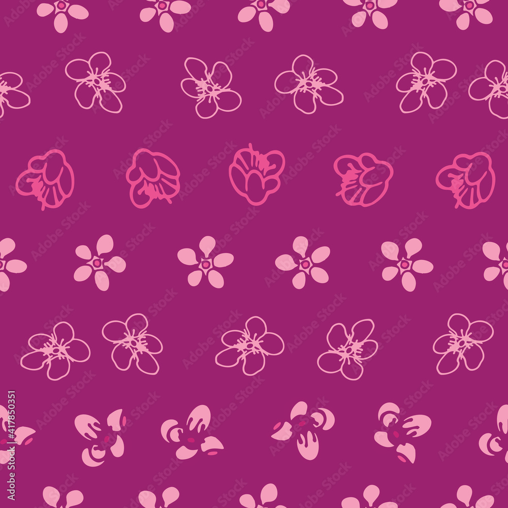 Vector purple background magnolia various spring flowers, seamless pattern background