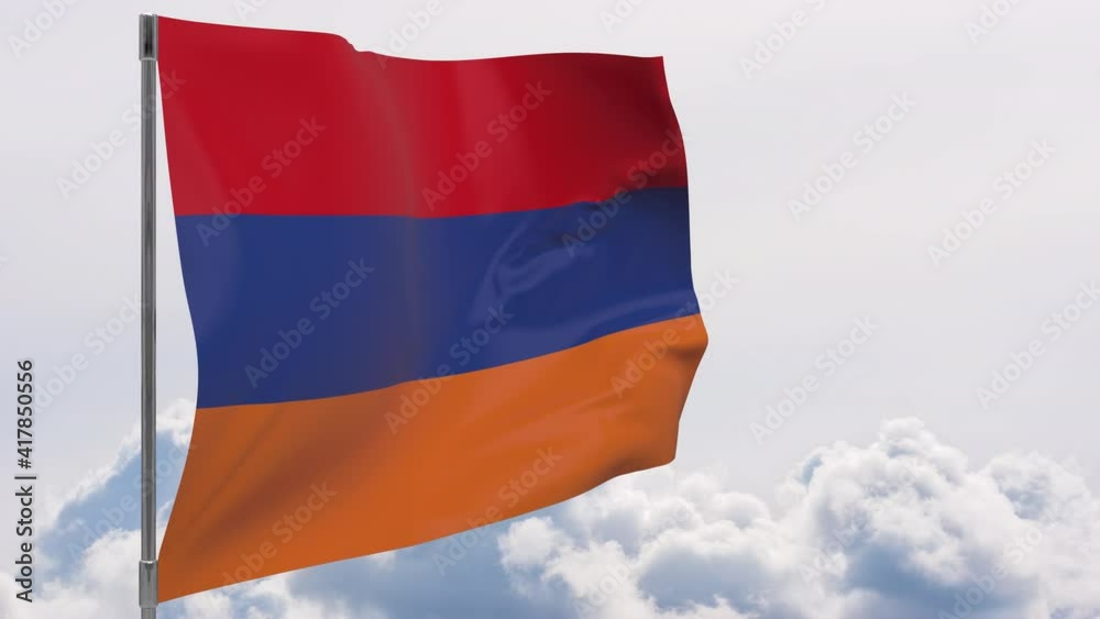 Armenia flag on pole with sky background seamless loop 3d animation