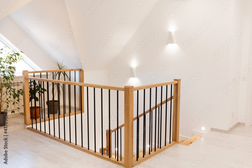 Wood staircase inside contemporary white modern house. - obrazy, fototapety, plakaty 