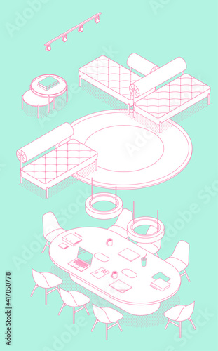 Isometric office interior - common area, conference table, furnitures and appliances. Vector illustration in flat design, isolated. Outlined, linear style. 