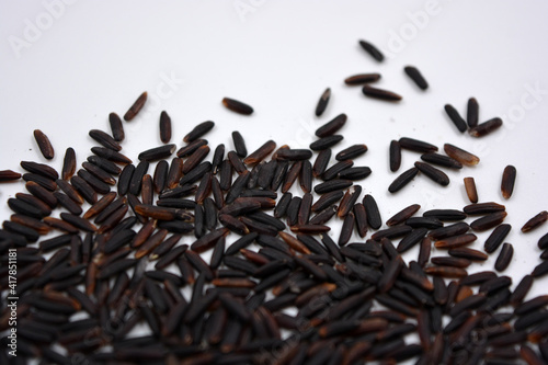 Wild unwanted handsome black rice raised on a white background.