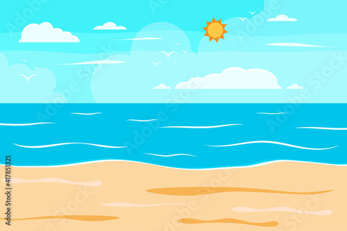 Cartoon summer beach  seaside natural vacation  tropical beach  seaside scenery background vector illustration