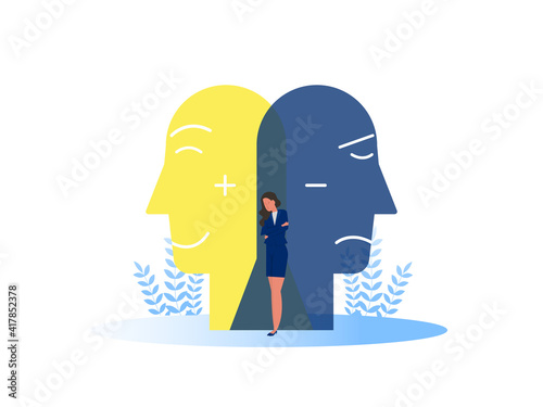 Imposter syndrome; masks with happy or sad expressions.Bipolar disorder; fake faces and emotions. Psychology; false behavior or deceiver.vector illustrator