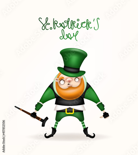 Happy St. Patrick's Day! Postcard, flyer, invitation. A character with a red beard. Cartoon funny leprechaun in green hat posing with a cane in his hand. Vector illustration.