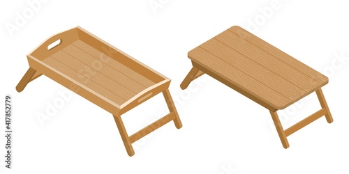 Illustration isometric vector isolated on white background of table, desk or tray for working or breakfast on bed or sofa at home or hotel on cozy furniture concept
