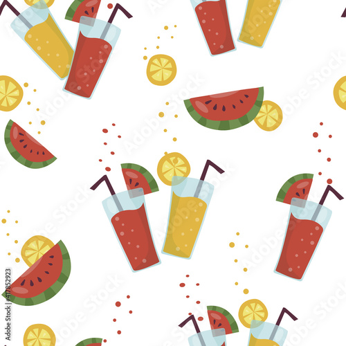 Summer Seamless Pattern. Watermelon and orange juice in a glass glass with pieces of fruit. Bright colorful print for paper, packaging, cover and textiles. Vector