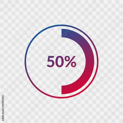 50 percent blue and red gradient pie chart sign. Percentage vector infographic symbol. Circle icon isolated on transparent background, illustration for business, download, web design