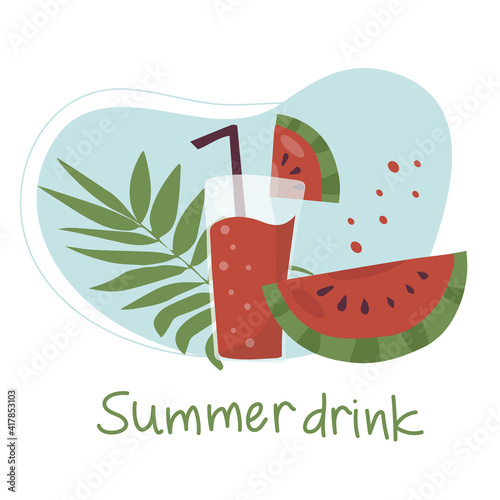 Summer refreshing fruit cocktail. Non-alcoholic drinks in a simple glass glass and straw. Fresh smoothies and slices of fresh fruit against a backdrop of palm leaves. Healthy vegan food. vector flat