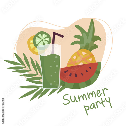 Summer refreshing fruit cocktail. Non-alcoholic drinks in a simple glass glass and straw. Fresh smoothies and slices of fresh fruit against a backdrop of palm leaves. Healthy vegan food. vector flat