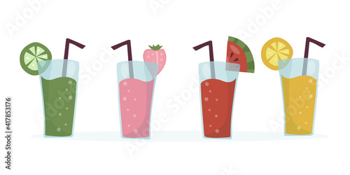 Set of summer refreshing fruit cocktails. Non-alcoholic drinks in a simple glass glass and straw. Smoothie design and fresh fruit slices. Healthy vegan food. vector flat illustration
