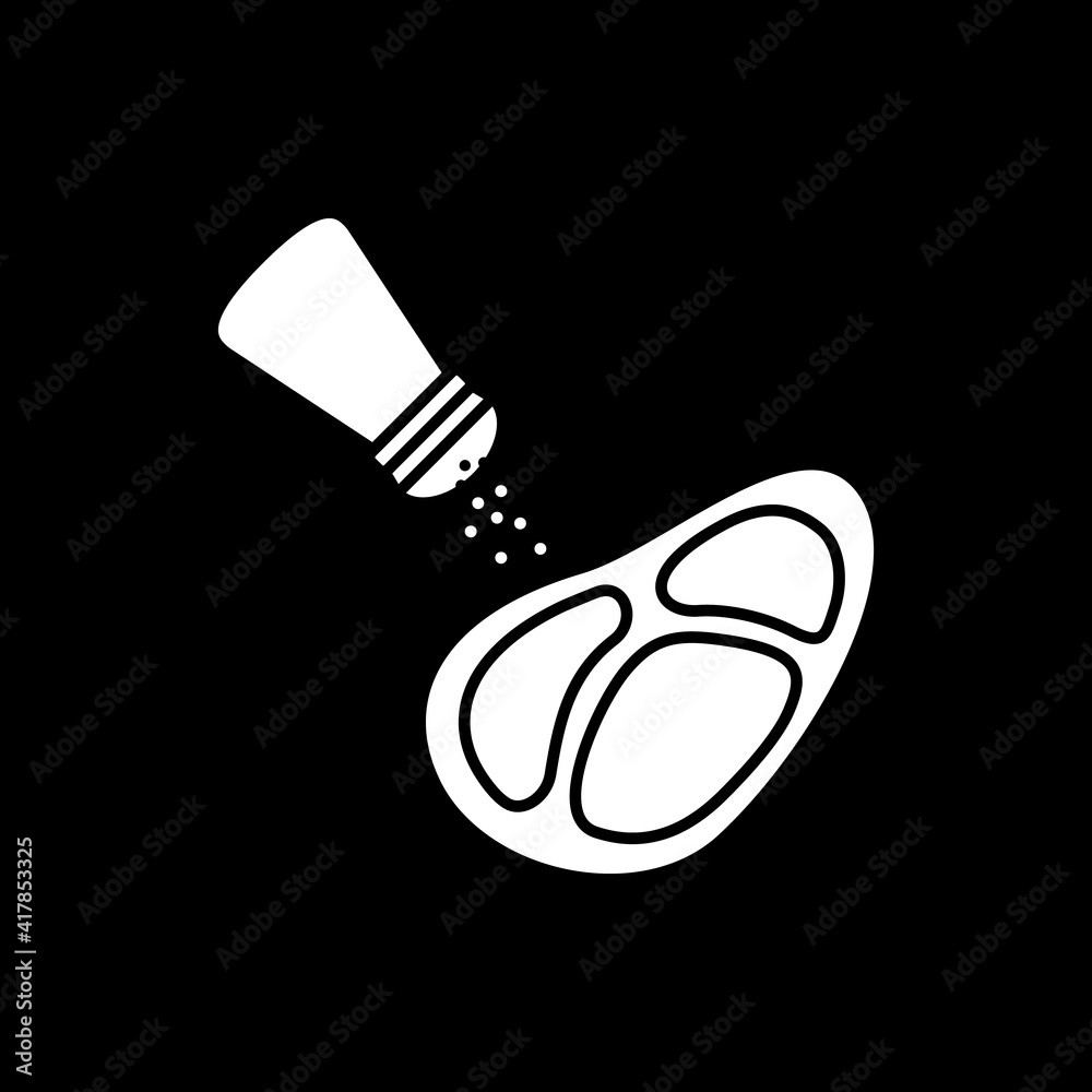 Obraz premium Salting meat for cooking dark mode glyph icon. Preparing pork steak. Seasoning fillet with pepper. Recipe ingredient. White silhouette symbol on black space. Vector isolated illustration