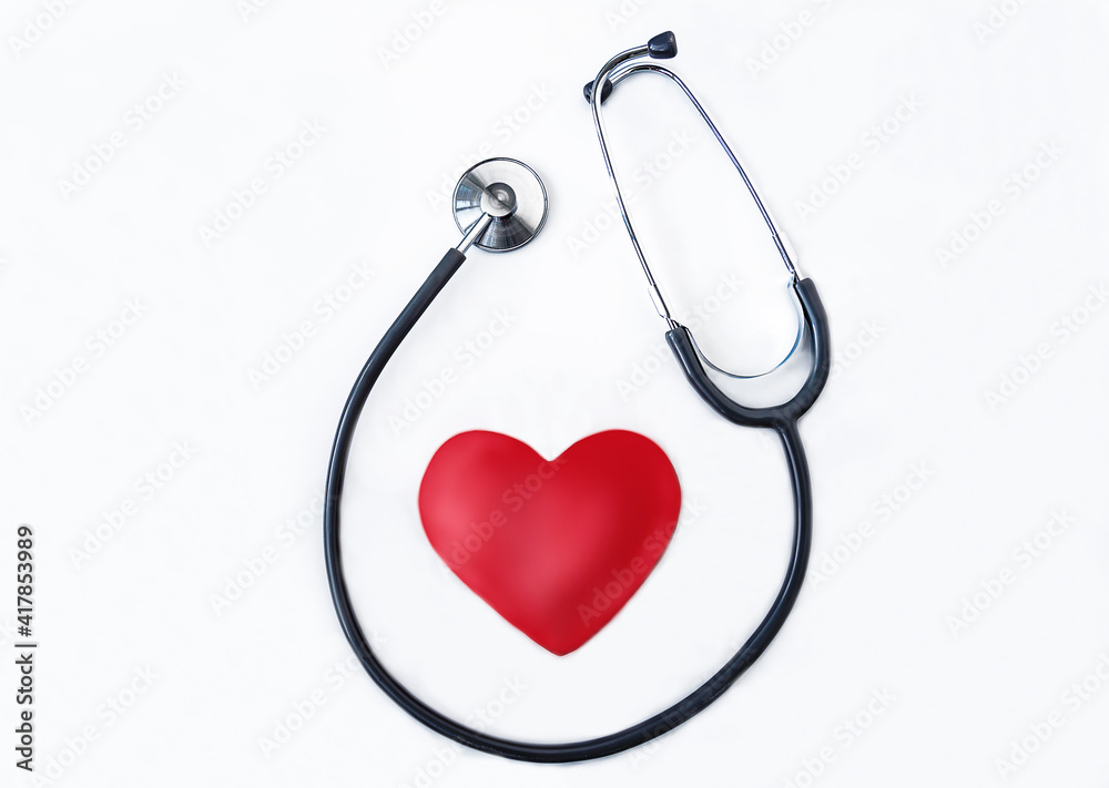 Health care concept. Red heart and stethoscope on white background Health care concept. Red heart and stethoscope on white background