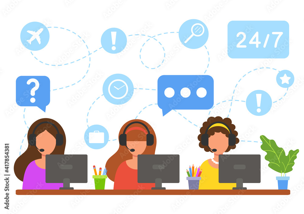 Work in a call center. Online customer service. Helping clients. Concept illustration for support, hotline, telemarketing. Vector in flat style isolated on white background. Work in a call center. Online customer service. Helping clients. Concept illustration for support, hotline, telemarketing. Vector in flat style isolated on white background.