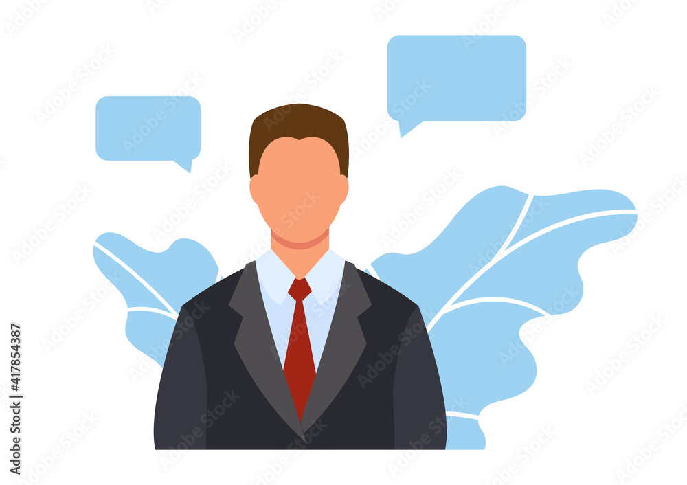 Businessman in a suit. Office work. Customer service. Helping clients. Concept illustration for call center, support, hotline, telemarketing. Vector in flat style. Businessman in a suit. Office work. Customer service. Helping clients. Concept illustration for call center, support, hotline, telemarketing. Vector in flat style.