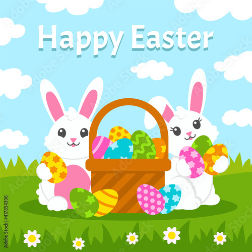 Happy Easter. Cute white bunnies are holding Easter eggs. Beautiful gift card. Colored flat vector illustration isolated on color background. Cartoon character.