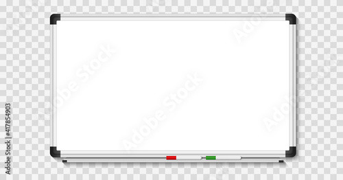 Empty white marker board on transparent background. Realistic office Whiteboard. Vector illustration
