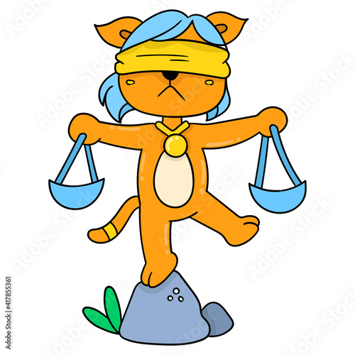a dog wearing an eye patch carries a scale symbolizing legal justice, doodle icon image kawaii