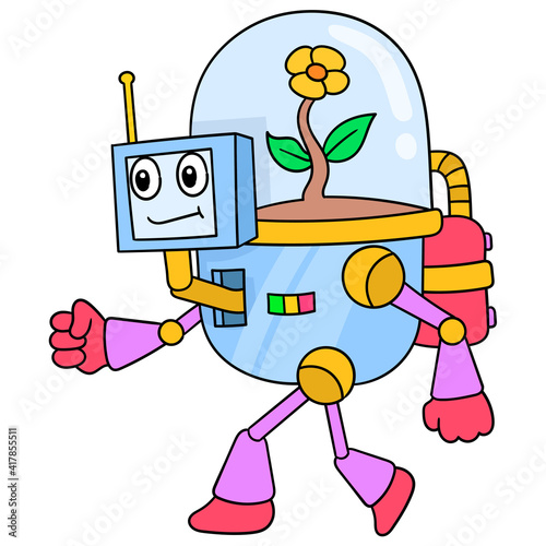a robot with natural energy that contains a sunflower plant, doodle icon image kawaii