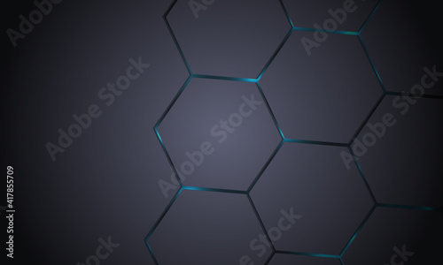 Fototapeta Naklejka Na Ścianę i Meble -  Hexagonal technology dark gray abstract vector background. Blue bright energy flashes under hexagon in futuristic modern vector illustration. Gray honeycomb 3d texture grid.