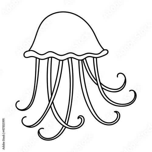 Jellyfish linear icon. Swimming medusa. Ocean wildlife. Marine aquarium. Toxic jelly fish with tentacles. Thin line illustration. Contour symbol. Vector isolated outline drawing. Editable stroke