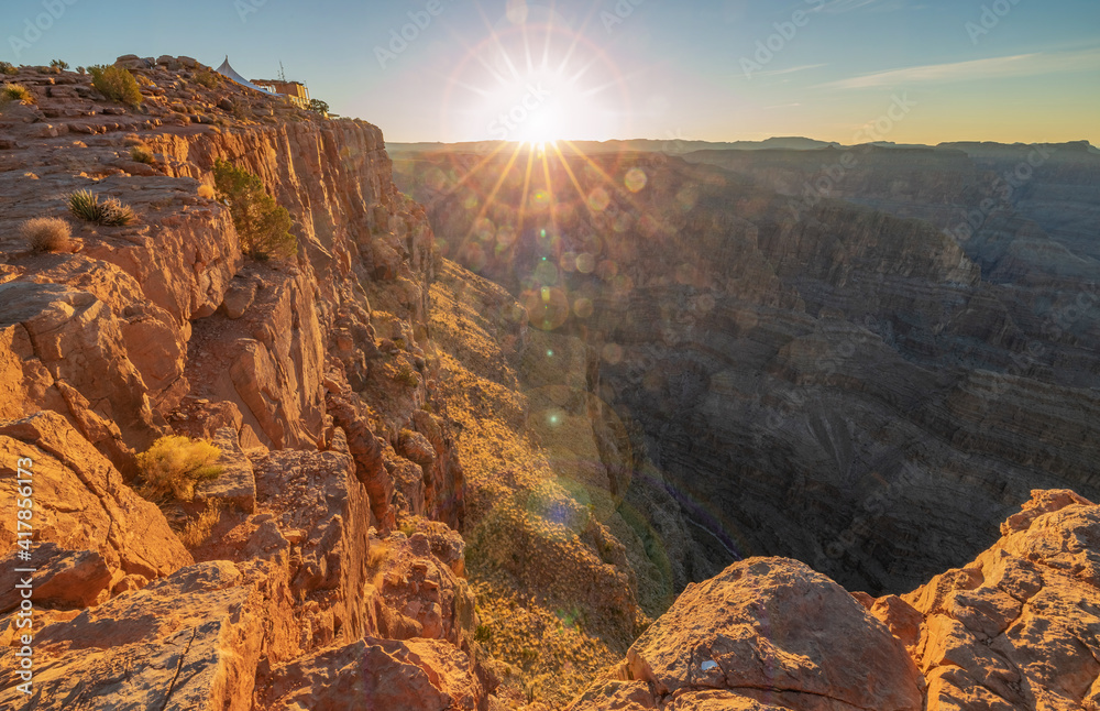 Beautiful landscapes of the Grand Canyon an amazing view of the sunset over the red-orange rocks that are millions of years old. USA, Arizona.
