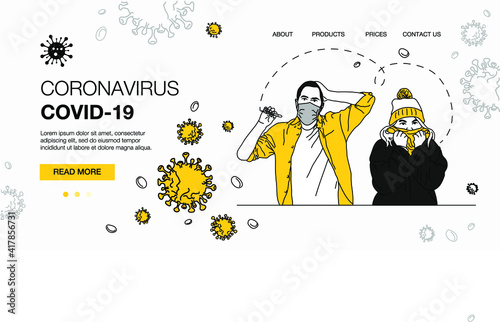 Presentation slide template or landing page website design. A banner ad with a COVID-19 prevention concept in which 2 sick people wearing masks measure their temperature. Modern flat outline style.