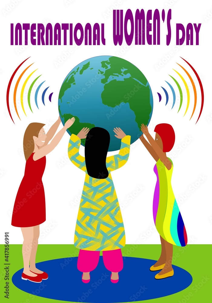 Día internacional de la mujer. Mujeres de diferentes continentes sujetando el planeta. Ondas arco iris Día internacional de la mujer. Mujeres de diferentes continentes sujetando el planeta. Ondas arco iris