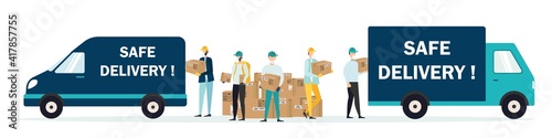 Safe delivery. Delivery by truck. A courier wearing a medical mask delivers a parcel to quarantine. Safe delivery concept with social distance. Vector illustration