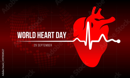 world heart day - white Heart rhythm wave and red human heart sign on dot circle globle world texture background vector design