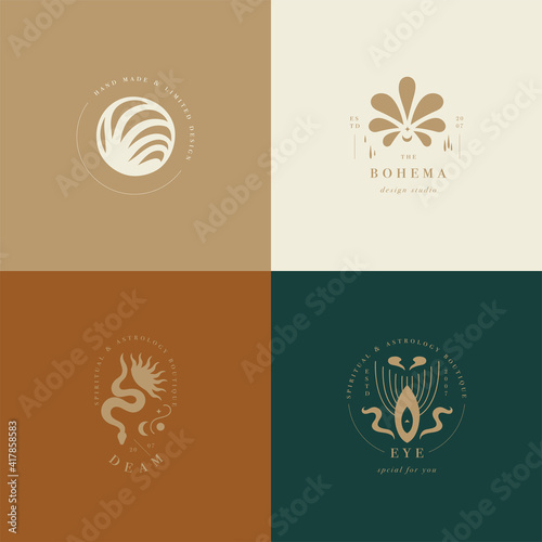 Vector design linear template logos or emblems - mystery boho style. Abstract symbol for hand made products and craft boutiques.