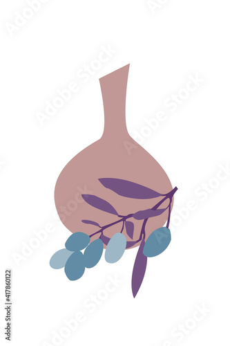 Abstract olive branch and jug. Vector flat illustration